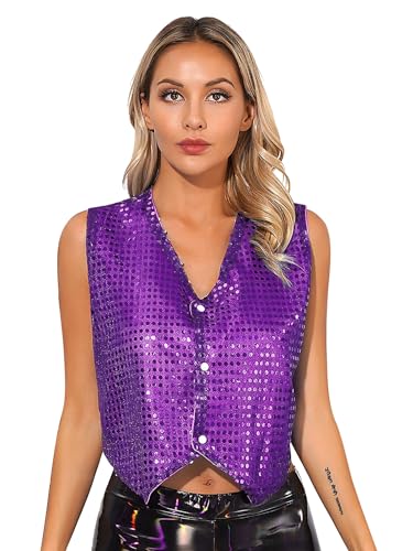 Womens Sequin Vest Shiny Dance Vest Slim Fit V-Neck Party Dress Sleeveless Jacket Waistcoat