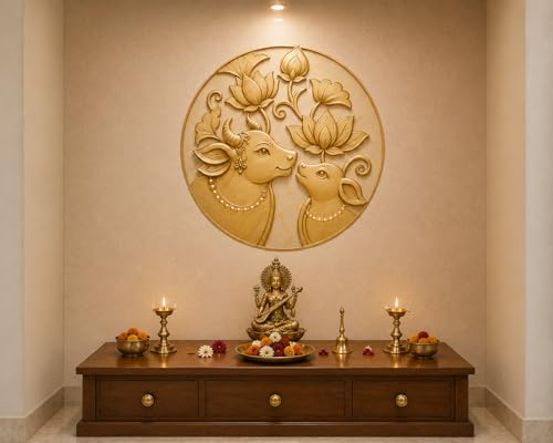 Image of Pichwai Cow Wallpaper for Mandir, Self-Adhesive Vinyl, Removable Marble Wall Sticker for Pooja Room & Temple (3x3)