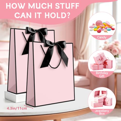 Image of JMANNI Pink Day Gift Bag, 1PCS 13 inch Gift Bags with Ribbon and 1 Greeting Cards 2 Tissue Paper, Portable Paper Gift Bag with Handles, Present Bags for Birthday Wedding Party Mothers Day (Pink-Black)