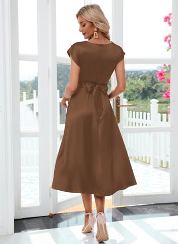 Image of Women's Summer Satin Dress Elegant A-Line Cap Sleeves Tie Waist Flowy Midi Dress Cocktail Wedding Guest Dress