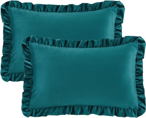 Image of Amazon Brand - Umi Velvet Dark Teal 12x20 Pillow Covers, Set of 2 Decorative Ruffle Cushoin Pillow Covers for Sofa Couch