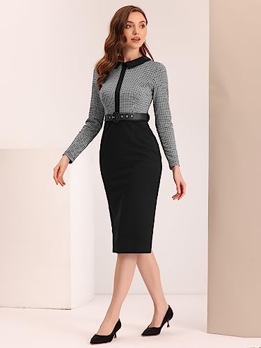 Allegra K Business Dress for Women's Work Elegant Contrast Placket Houndstooth Bodycon Dress with Belt4