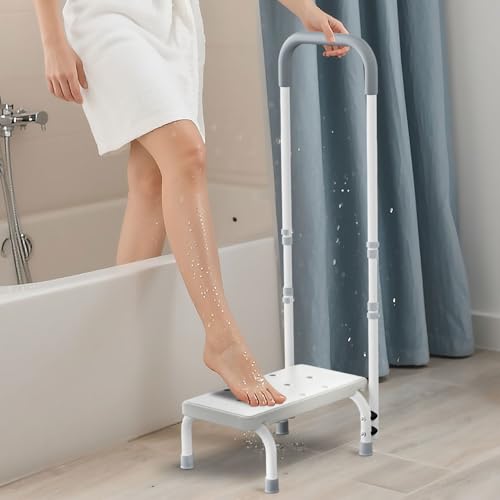 FORTEMOTUS Bath Step with Handle - Sturdy Lightweight Step Stool for Bedside for Adults Non-Skid Rubber Platform Stepping Stool Safely Supports up to 330 Pounds White