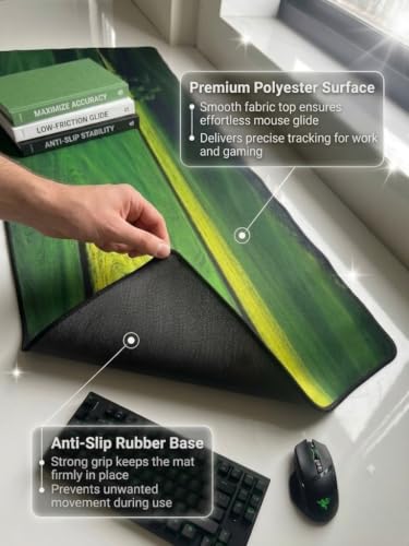 Image of Saco XXL Gaming Mouse Pad for PC - Large Desk Mat 900x400x3mm, Extended Non-Slip Rubber Base, Waterproof Surface, Green Valley Theme, Big Keyboard Mouse Pad for Office & Home Setups