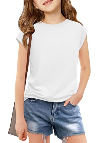 Haloumoning Girls Cap Sleeve T Shirts Kids Summer Crewneck Solid Tops Tees 5-14 Years