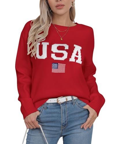 Image of Womens American Flag Sweater Crew Neck Casual Pullover Sweater