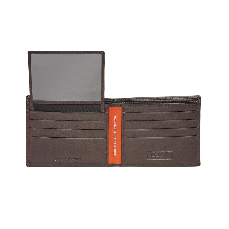 Image of United Colors of Benetton Men's Genuine Leather Passcase Wallet Gladbeck - Brown | High Capacity Bifold with 12 Card Slots, 2 Compartments & Id Window | Stylish Purse of Gents