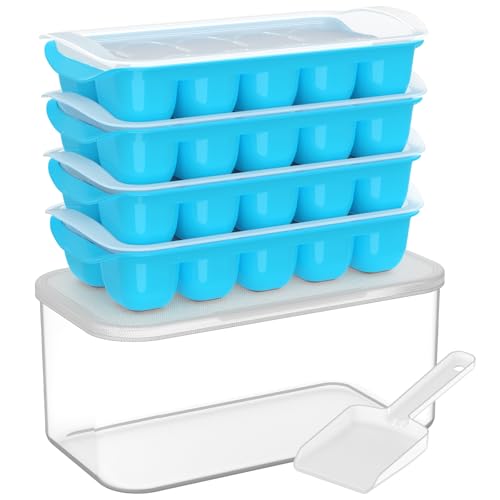 Image of DOQAUS Ice Cube Tray with Lid and Bin, 4 Pack Easy Pop Out Silicone Ices Cubes Trays for Freezer with Cover, Stackable Compact Ice Bucket Kits, for Soup, Food, Cocktail, Coffee