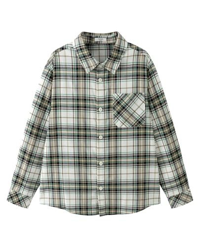 Balabala Boys Wrinkle Free Dress Shirts Long Sleeve Button Down Shirt Girls Plaid Shirt Formal School Uniform Shirts Green Brown