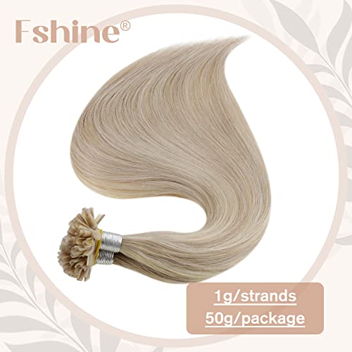 Fshine Nail Tip Hair Extensions Ash Blonde Mixed With Bleach Blond 18 Inch Remy Hair Extension Bondings U Tip 50G/50S Highlight Pre Bonded Fusion Hair Extensions #TOP2