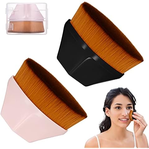 Bestomrogh 2 Pcs Foundation Makeup Brush, Flat Top Kabuki Hexagon Face Blush Liquid Powder Foundation Brush Portable Face Brush for Blending Liquid Flawless Powder Cosmetics with Protective Case Cover
