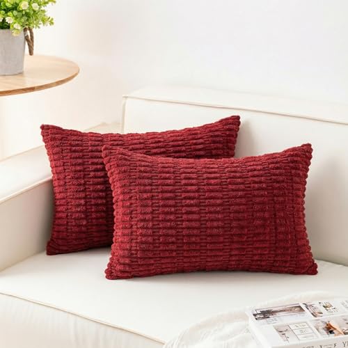 Image of Pack of 2 Corduroy Decorative Throw Pillow Covers 12x20 Inch, Wine Red | Fall Soft Striped Pillow Covers Modern Farmhouse Home Decor Christmas Throw Pillow Covers for Sofa Living Room Couch Bed