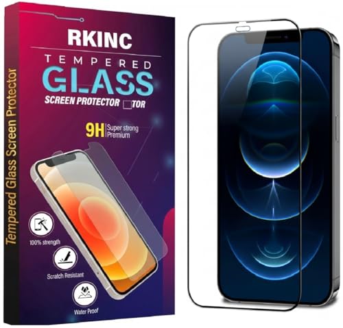 Image of RKINC Tempered Glass for iPhone 12 and iPhone 12 Pro (6.1 Inch) Military Grade Gorilla Screen Guard Protector | With Installation Kit | Edge to Edge Coverage | Black