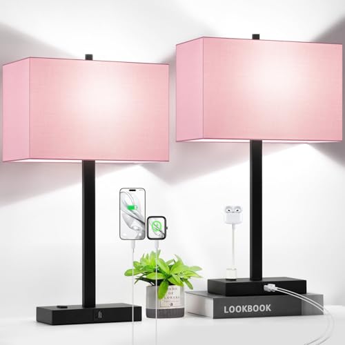 Image of Lynnoland 21 inch Set of 2 Table lamp with USB A+C & AC Outlets, Touch Control 3-Way Dimmable Nightstand Lamps for Bedroom Living Room Office Reading, Pink Shade Touch Lamps, 5000K LED Bulbs Included