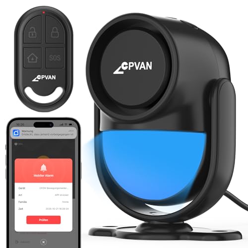 CPVAN WiFi Alarmanlage Haus mit PIR-Bewegungssensor – Drahtloses DIY-Smart-Alarmsystem Kompatibel mit Tür-/Fenstersensoren für Sicherheitszwecke – Lokaler Alarm & App-Benachrichtigung, Schwarz