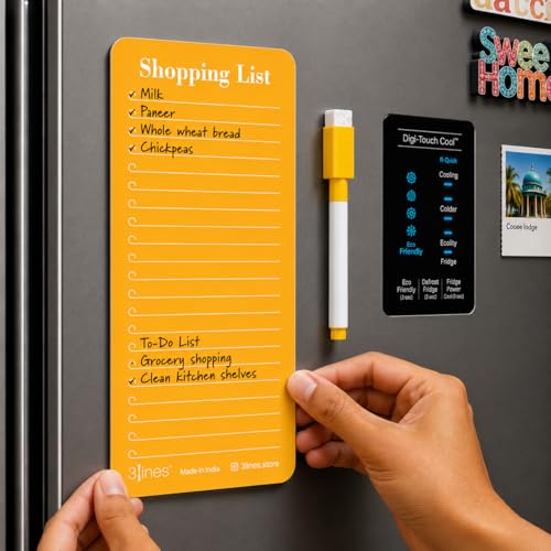 Image of 3 Lines Shopping List Fridge Magnet with Marker|Smart Planning & Shopping for Family, Working Professionals|to Do List| Acrylic Magnetic Notepad for Kitchen Organisation|9x24 cms|Papaya Color|Regular