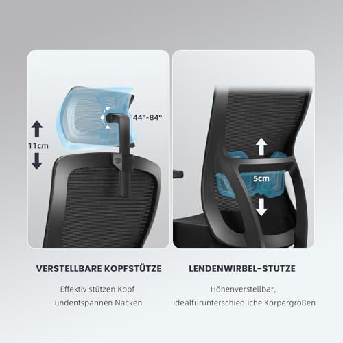 Bild 3 - Ergonomischer Bürostuhl, Schreibtischstuhl Höhenverstellbar, Drehstuhl mit Verstellbarer Lendenwirbelstütze und Kopfstütze, 90°-130°Liegefunktion, Bürostuhl bis 150 kg Belastbar, Schwarz
