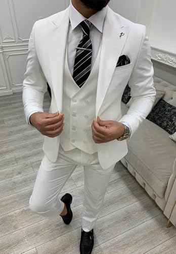 Mens 3 Piece Suits Slim Fit Double Breasted Tuxedo Set Formal Business Wedding Prom with Blazer Vest & Pants3