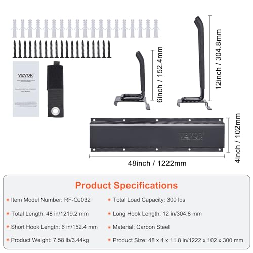 VEVOR Gerätehalter 1222 x 102 x 300 mm Werkzeughalter 137 kg Garagen Gerätehaken Werkzeughalter Kohlenstoffstahl Werkzeugregal Werkzeugspeicher Geräteleiste Werkzeug Organizer Wandhalterung