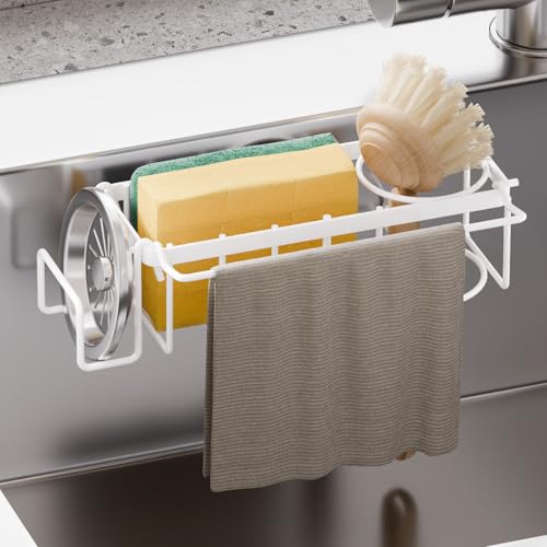 Image of TAILI 4-in-1 Sponge Holder for Kitchen Sink with Strong Suction Cup-White | Removable Rustproof 304 Stainless Steel Multi-compartment Sponge Holder with Suction Cup, Keeps Brushes & Scrubbers Tidy