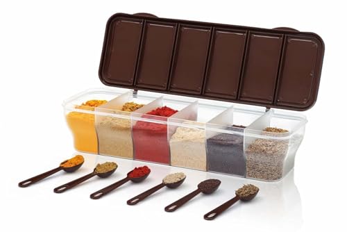 Image of TASTIC Multipurpose 6-in-1 Masala Box for Kitchen| Airtight BPA-Free Plastic 6 Section Storage Container with 6 Spoons, 1800 ml Transparent Pickle Box for Spices| Dry Fruits, Snacks Pack Of 1 Blue