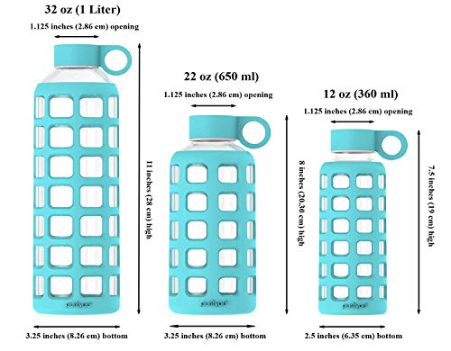 purifyou 40/32/22/12 oz Borosilicate Glass Water Bottles with Volume Markers, Silicone Sleeve, Stainless Steel Lid, Reusable Bottle for Water, Juice, Gym, and Fridge Storage (32oz Set of 6)