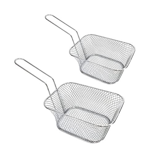 Silver Mini French Fries Basket Net, Stainless Steel Square Fry Chips Filter, Chicken Wings Fried Food Table Serving Holder for Kitchen Restaurant Party Barbecue (2 Pack with different size)