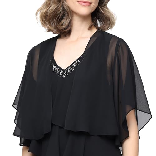 Image of S.L. Fashions Women's Chiffon Tiered Jacket Dress with Beaded Neckline Mother of the Bride, Cocktail, Or Wedding Guest Dress