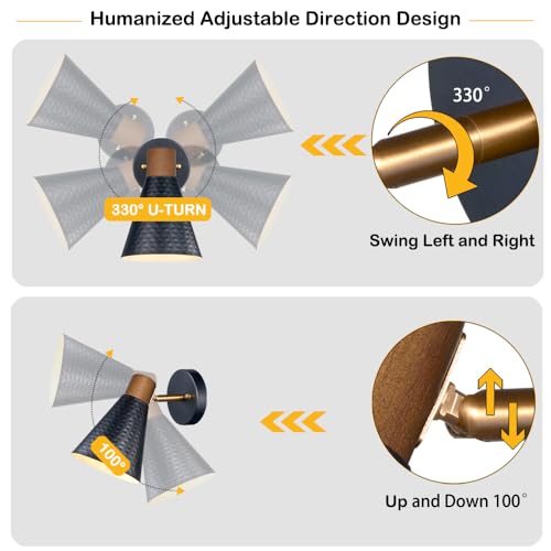 Image of Modern Battery Operated Wall Sconces Set of Two, Black Rechargeable Sconces with Metal Shade, Dimmable Wireless Wall Light Fixture with Remote Control for Bedroom Hallway Vanity(Include 2 RGB Bulbs）