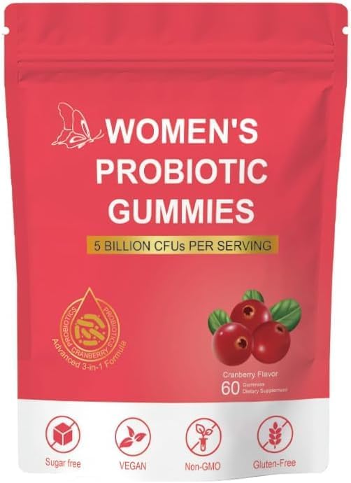Vegan Probiotics Gummies for Women, Vaginal Probiotics Feminine Balance pH Gummies Cranberry Flavour, 60 Count