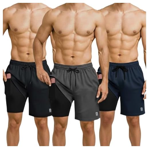 Kit 3 Shorts Masculino 2 em 1 Fitness Bermuda Treino (P, Preto/Cinza/Azul)