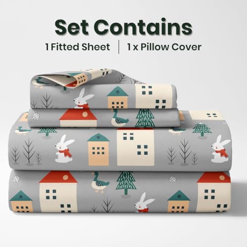 Image of LORETO - A QUALITY LINEN BRAND 186 TC 100% Pure Cotton Single Fitted Bedsheet with 1 Pillow Cover for 78 x 36 Inch Mattress, All-Around Elastic, 8 Inch Deep Pocket, Grey Bunny