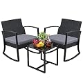 Greesum 3 Pieces Outdoor Furniture Set Patio Bistro Rocking Chairs with Glass Coffee Table for Pool Beach Backyard Balcony Porch Deck Garden, Light Gray