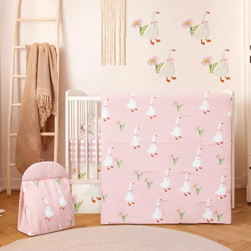 Image of Oudain 4 Piece Goose Crib Bedding Set Including Goose Crib Skirt, Blanket, Sheet and Diaper Stacker, Soft Neutral Nursery Standard Size Baby Bedding for Baby Girls and Boys