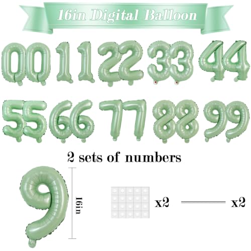 Image of TONIFUL Number Balloons 16 Inch Sage Green 2 Set 0-9 Number Mylar Foil Balloons 20 Pcs Olive Green Custom Digital for Boho Birthday Forest Party Graduation Baby Shower Anniversary Decorations