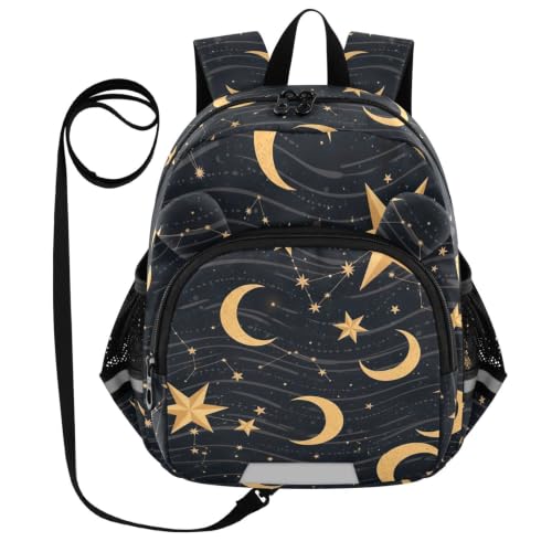 Sac à dos d'école ODAWA avec sangle de laisse motif lunes et étoiles dorées pour enfant taille M