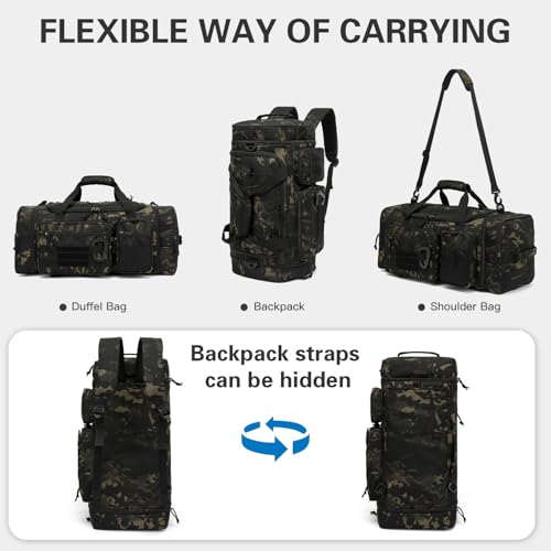3 in 1 Tactical Travel Duffle Bag Backpack for Men Women 40-45L Expandable Gym Bag & Sport Duffel Bags for Travel with Shoe Compartment & Wet Pocket, Weekend Overnight bag for Caming, Camo - Image 5