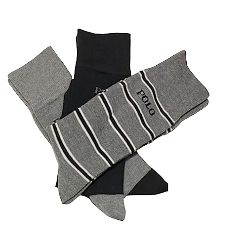 POLO RALPH LAUREN Men's Polo Logo Dress Liner Socks-6 Pair Pack-Lightweight Cotton Comfort with Non-Slip Heel (US, Numeric, 10, 13, Regular, Regular, Grey-Black-Stripe)