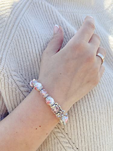 Nazareth Store Religious Cross Bracelet Pink Crystal Beaded Stretch Rosary Bracelet with Ceramic Flowers Beads Bangle Crucifix & Miraculous Medal Charm2