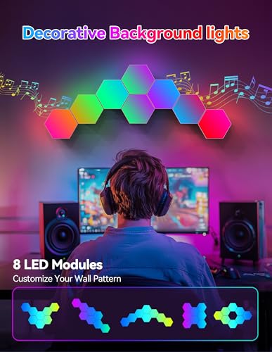 TECKNET-Hexagon-Light-Panel-8-Pack-Smart-APP-RGB-Hexagon-LED-Lights-Wall-Lights-with-Remote-Control-Music-Sync-for-Halloween-Decor-Gaming-Decor