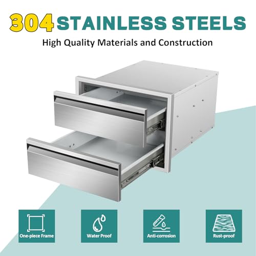 Image of Outdoor Kitchen Drawers 18 inch W x 13 inch H x 21 inch D Stainless Steel Drawer BBQ Double Drawers with Hidden Handle for Outdoor Kitchen Island, Patio Grill Station