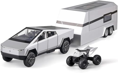 Image of 1:32 Tesla Cybertruck Pickup Truck Trailer Camper Toy Car Metal Pull Back Diecast Car with Openable Door and Sound Light, Gifts Toys for Kids【 Silver 】