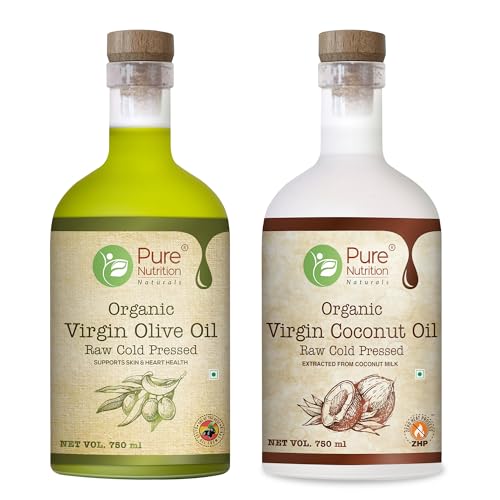 Image of Pure Nutrition Combo of Organic Cold Pressed Extra Virgin Olive Oil + Organic Cold Pressed Extra Virgin Coconut Oil (750ml), Low in Saturated Fat | 100% Organic & Natural | Ideal for Dressings, Salad, Soups, Dips & Marinades