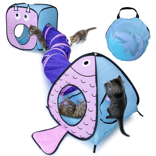 Baguuaray Tunnel Per Gatti, Tubo Animali Pieghevole Giochi Gatto Interattivi Tunnel Tubo per Gatto Gioco per Interno ed Esterno per Cani, Gatti, Conigli Giocattolo (3 pezzi, blue)