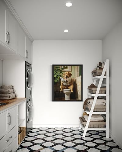 Image of Labrador Retriever on Toilet Black Framed Wall Art Print Poster, Dog Bathroom Humor Decor Posters Prints for Restroom Home Picture Painting Artwork Gallery 7 (Labrador Retriever, 20 inchL x 16 inchW, Black Frame)