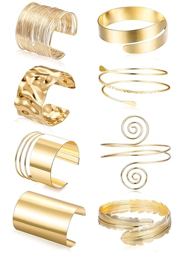 EIELO 8Pcs Arm Cuff Bracelet Set Minimalist Simple Swirl Open Wide Wire Upper Arm Band Bangle Bracelets for Women Adjustable