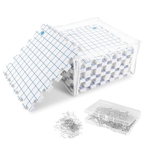 Oungy 9 Stück Extra Dicken Spannmatten Stricken 30 cm Spannmatten für Handarbeiten Spannmattene Set mit 100 T-nadeln Blocking Matte mit Raster für Stricken Häkeln Handarbeiten und Wohnaccessoires