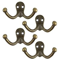 KxrTpx 4 Heavy Duty Coat Hooks, Brass Double Hooks for Wall and Door, Antique Brass Coat Hook with Zinc Alloy Construction, 80 x 10mm Vintage Coat Hooks for Hanging Coats, Towels and Hats
