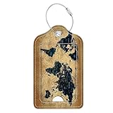 Luggage Tags,Brown World Map Design, Double-Sided Privacy Cover ID Labels with Stainless Steel Loop and Address Card for Travel Bag Suitcase
