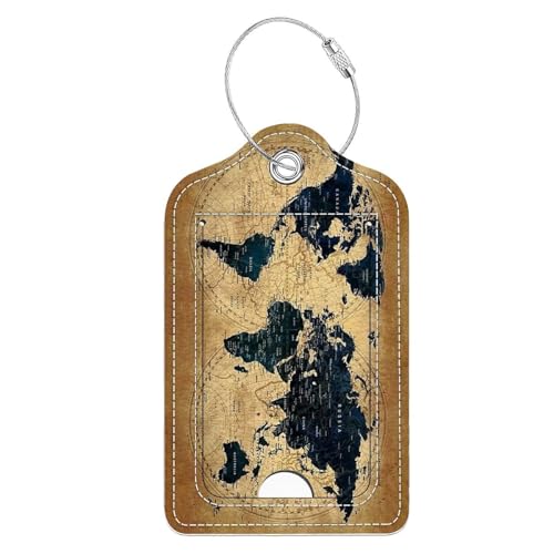 Luggage Tags,Brown World Map Design, Double-Sided Privacy Cover ID Labels with Stainless Steel Loop and Address Card for Travel Bag Suitcase